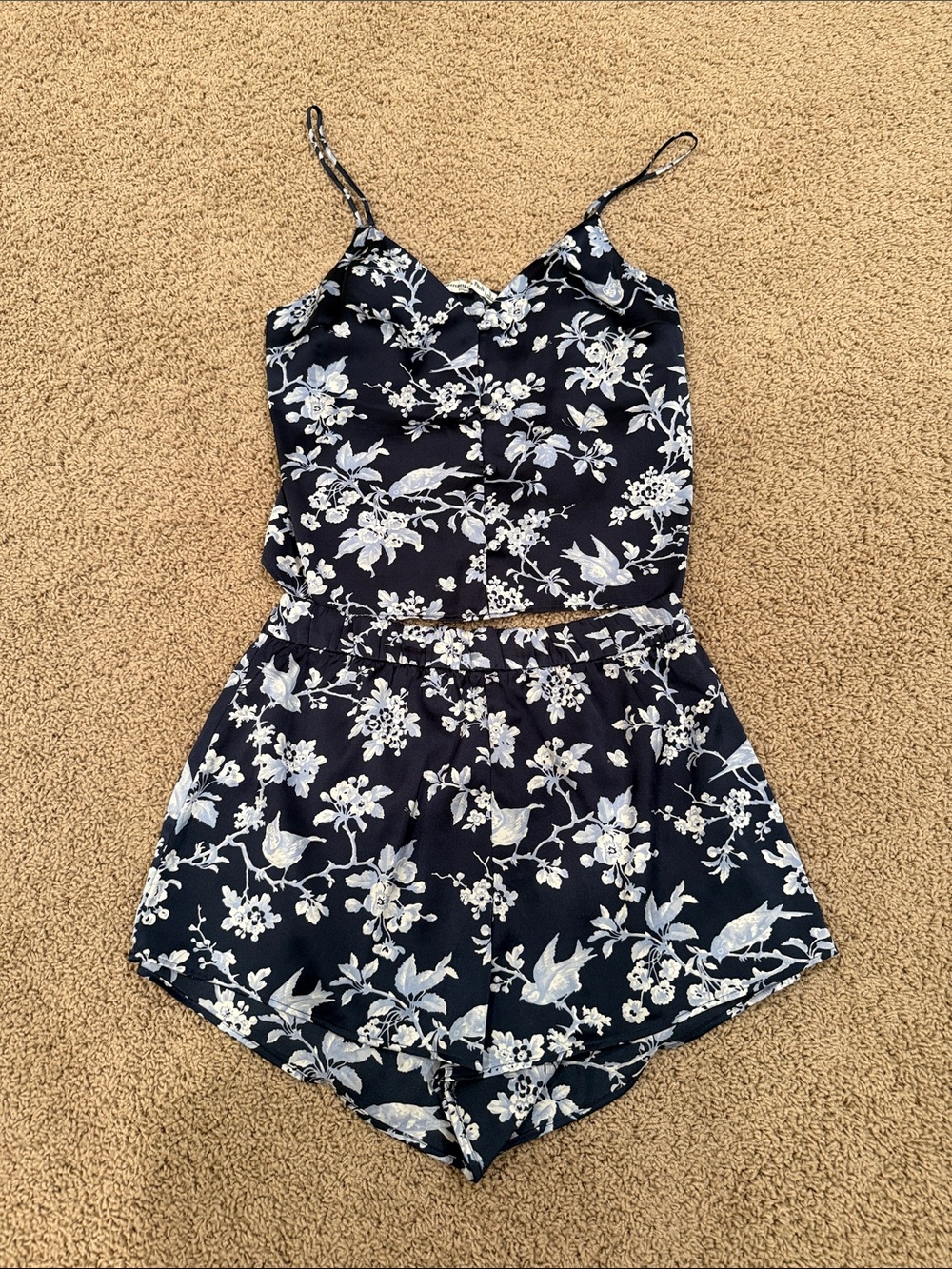 Abercrombie & Fitch Navy Blue Floral Two-Piece Satin Cami & Shorts Sleepwear Set